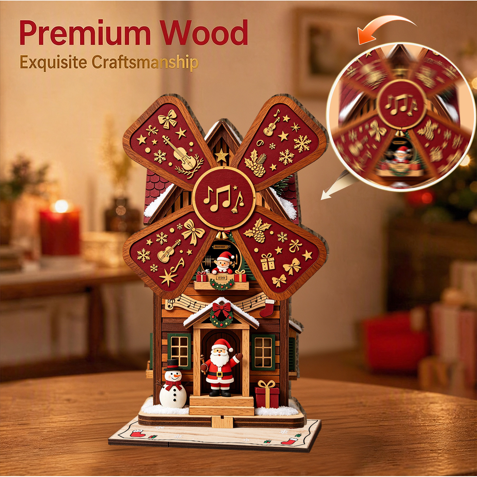 TEMU 1 Set, Wooden Rotatable Windmill Ornament (christmas Music Box Cottage), Hd Printed Classic Christmas Elements Design, With Unique Windmill ,