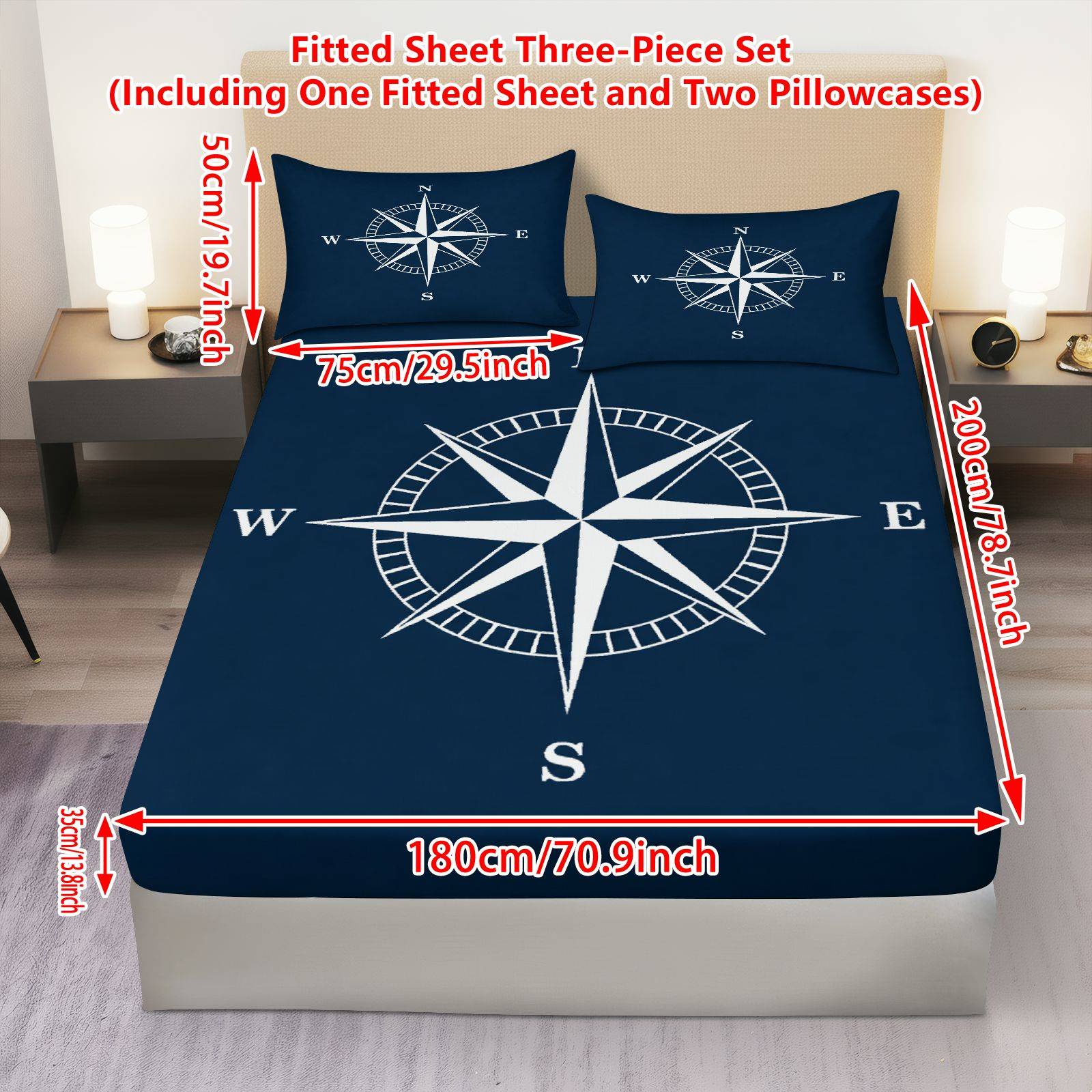 TEMU 3pcs Nautical Compass Navigation Fitted Sheet 3pcs Set (1*fitted Sheet+2*pillowcases, ), Travel Theme, Compass Bedding, Mattress Protector Soft,