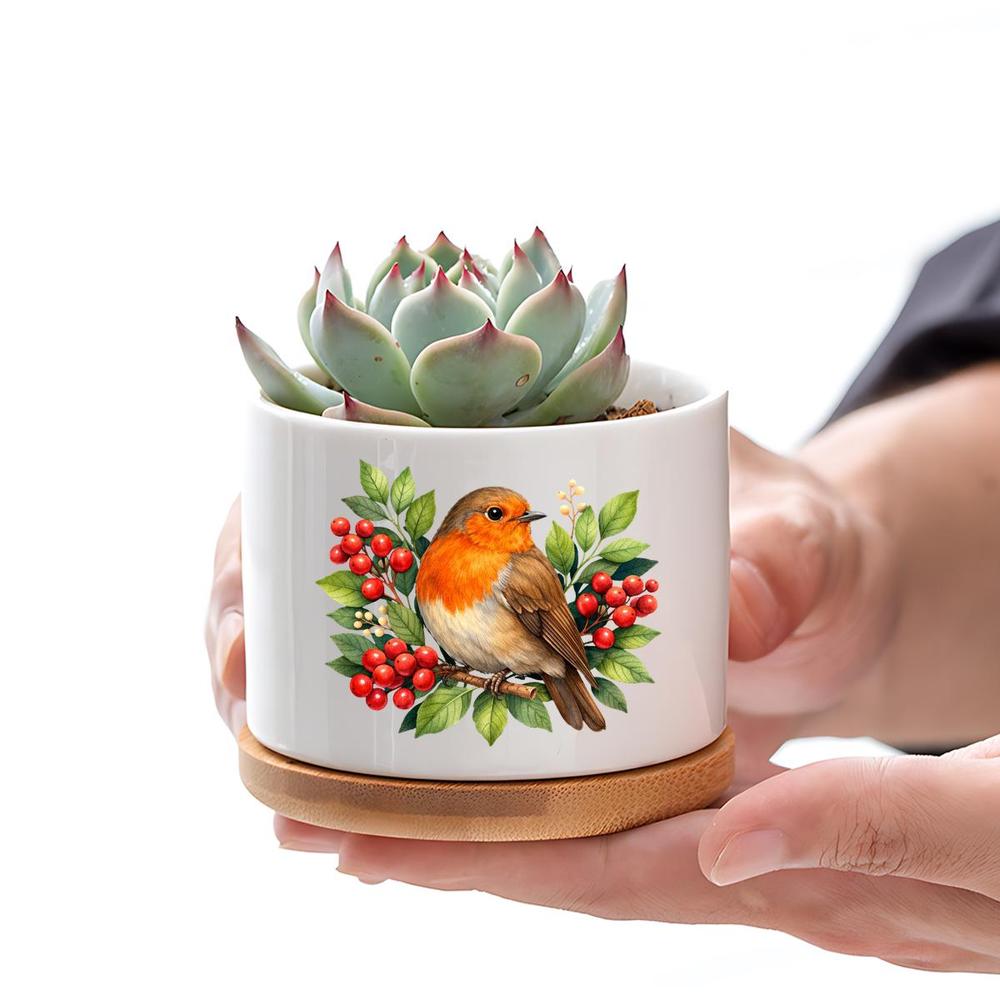 TEMU A Round White Ceramic Planter Featuring A Watercolor Design Of A Robin Bird And Red Berries, Complete With A Bamboo Tray. This Decorative Flower