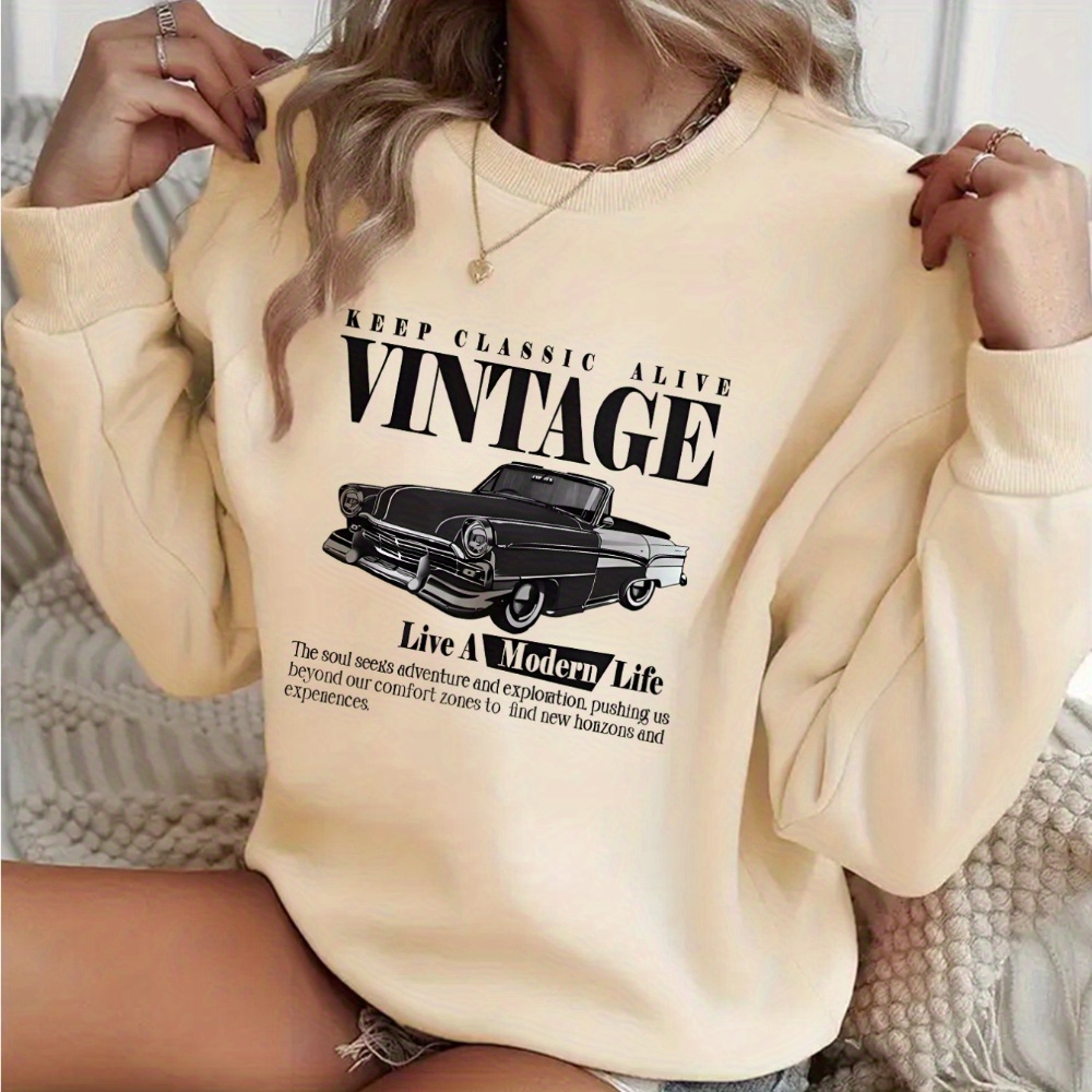 

Women's Casual Round Neck Sports Sweatshirt, Printed With Vintage Old Car Pattern, Fashionable For Autumn And Winter, Women's Casual Sportswear, Breathable Fabric, Size S-xl