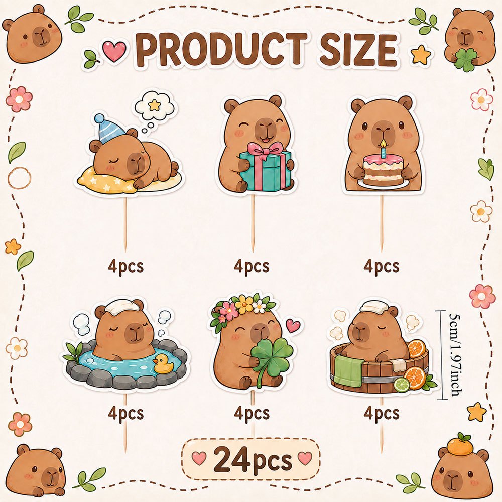 TEMU 24pcs Bathing Capybara Cake Decoration Tag Set, Theme Party Decor, Holiday Party Decor, Suitable For Family Gatherings And Literary Activities