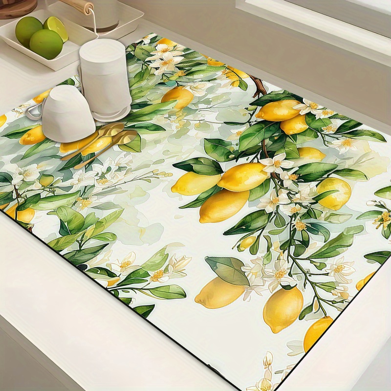 TEMU 1pc Dish Drying Mat. This Lemon-themed Draining Mat Features Vibrant Colors And Of Durable Polyester, With A Pattern Of Yellow Lemons And Green