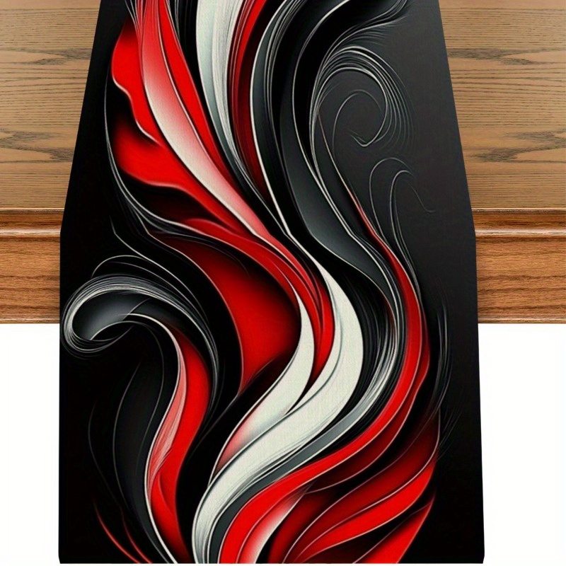 TEMU 1pc Red And Black Abstract Pattern Table Runner - Stylish Polyester Woven Design For Dining Tables, Coffee Tables, And Home Decor - Perfect For