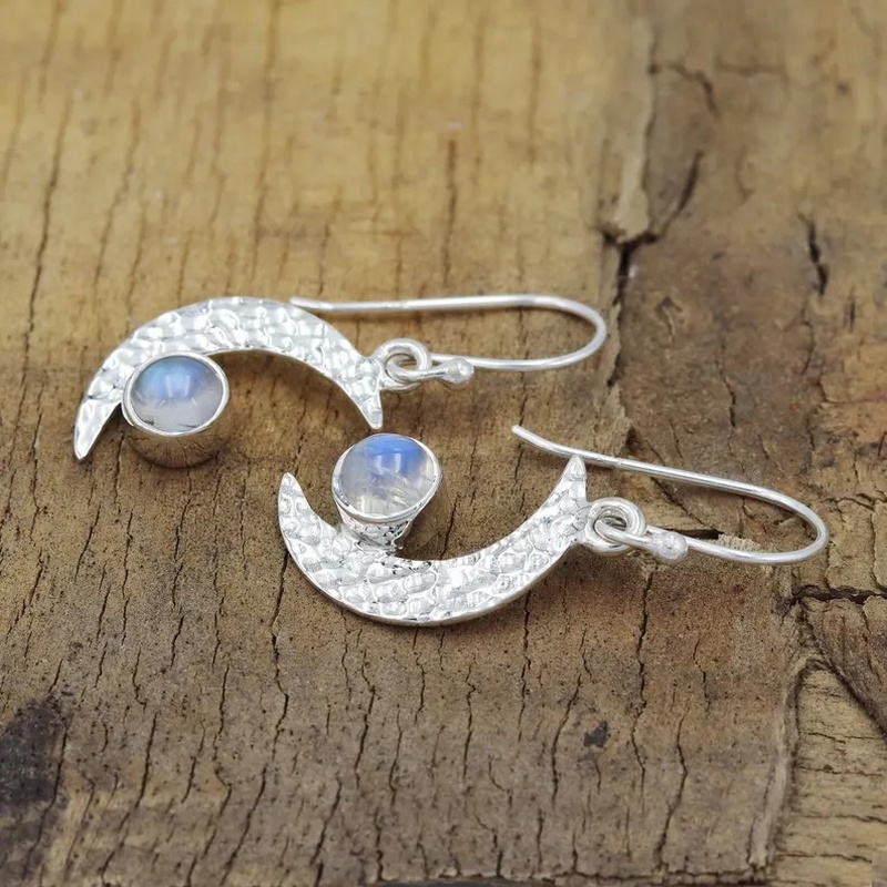 Women's K Plated Crescent Moonstone Earrings, Elegant Minimalist