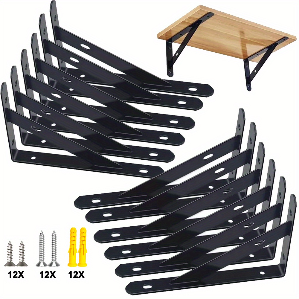 12pcs Black Heavy-duty Shelf Brackets With Screws - Metal Bracket Brackets, Shelf Support Angle Brackets Suitable For Shelf L Brackets, Heavy-duty Floating Shelf Brackets