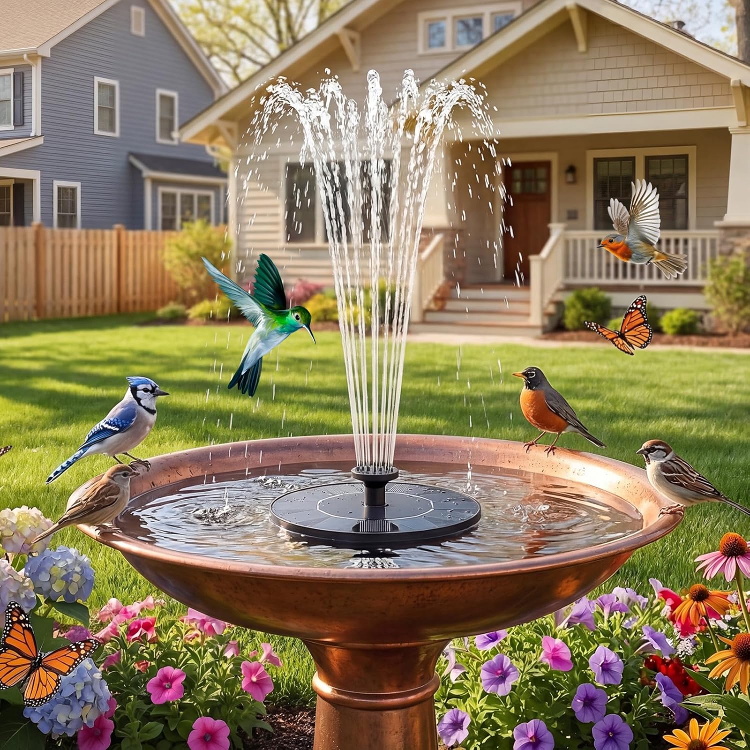 Solar Fountain Pump Kit With LED Lights – 5.5W Solar Panel, 6 Nozzles, 5000mAh Battery – DIY Water Feature For Birdbath, Pond, Pool & Garden Decor