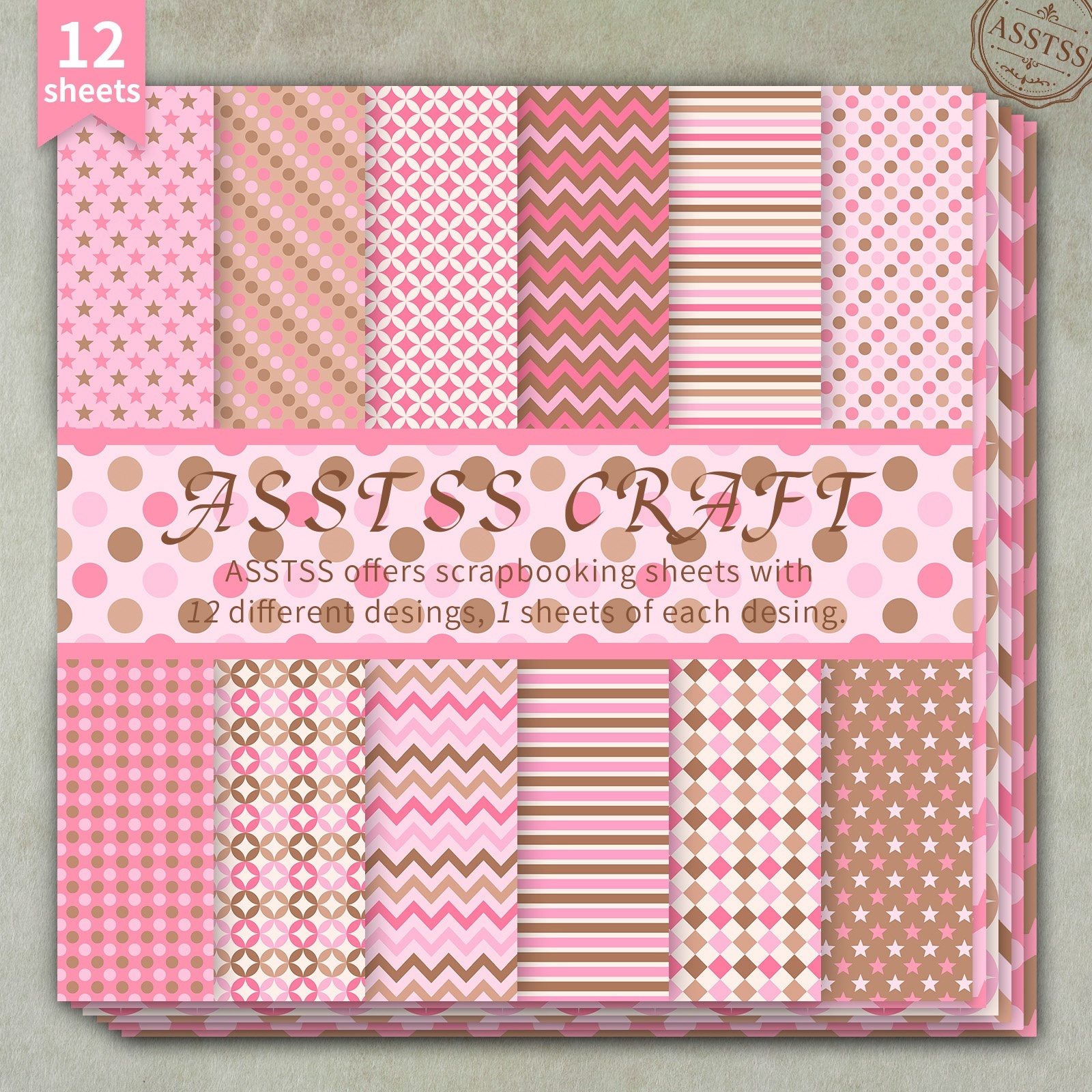 TEMU 12-sheet Asstss 6x6 Inch Scrapbooking Paper Pad, Pink Brown Minimalist Geometric Pattern Style Backing Paper Supplies, Heavyweight Cardstock For