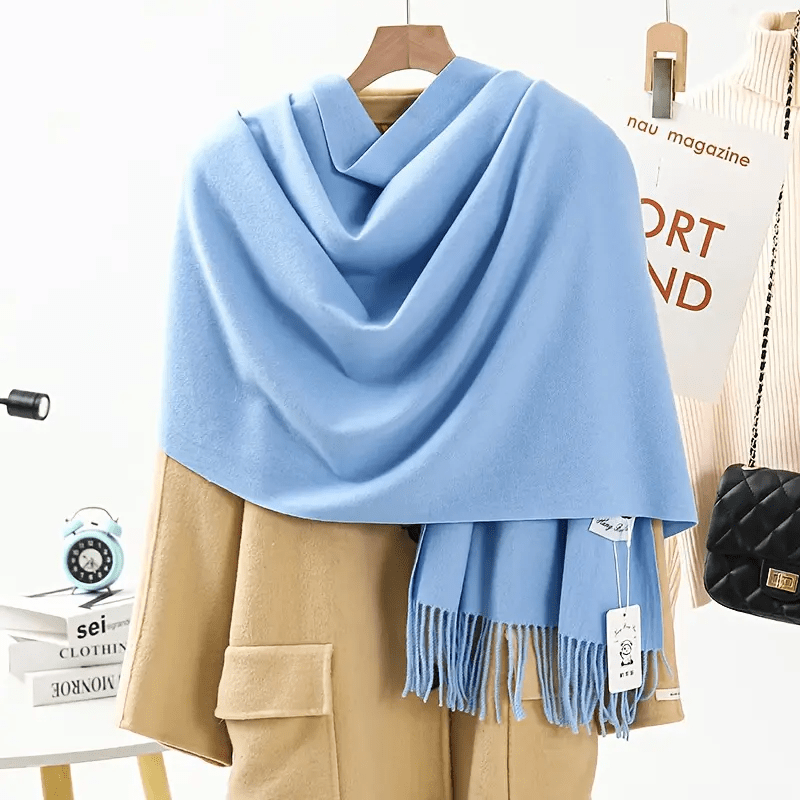 Women's Cashmere Shawl Scarf - Thick Winter Warm Scarf, Solid Color (Soft Blue) Touch Luxury Cashmere Shawl, Suitable for Coat Collar, Versatile Bohemian Style Shawl, Suitable for Parties, Weddings, and Daily Use