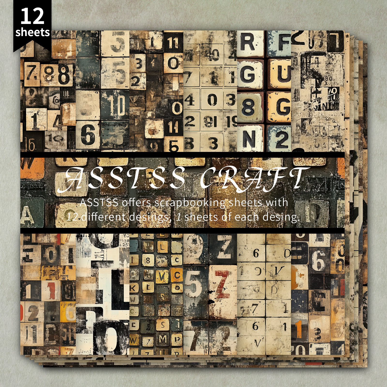TEMU 12-sheet Asstss 6*6-inch Scrapbooking Paper Pad, Distressed Letter Number Stamp Style Backing Paper Supplies, Heavyweight Cardstock For