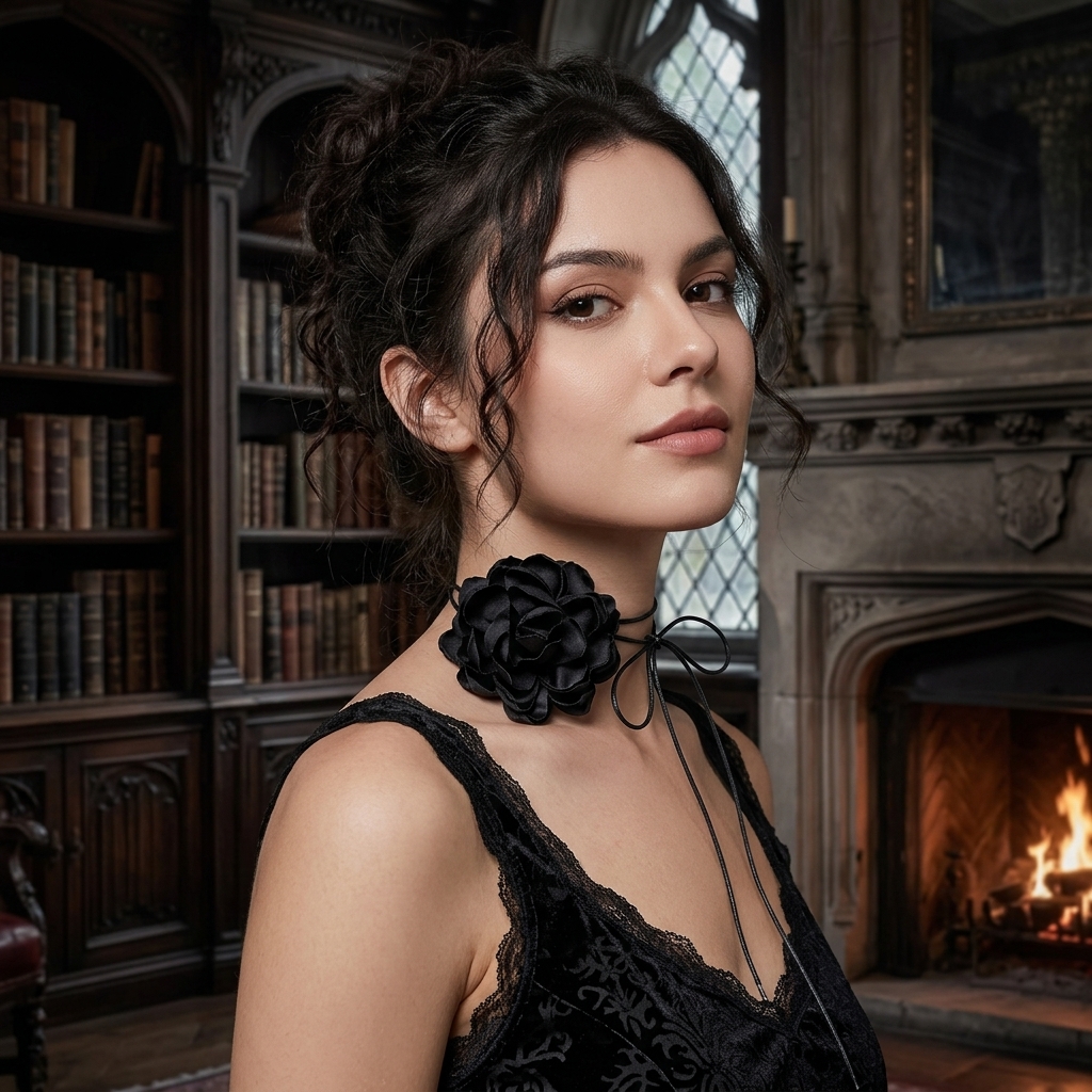 Gothic Y2K Choker Necklace with Black Rose, Adjustable