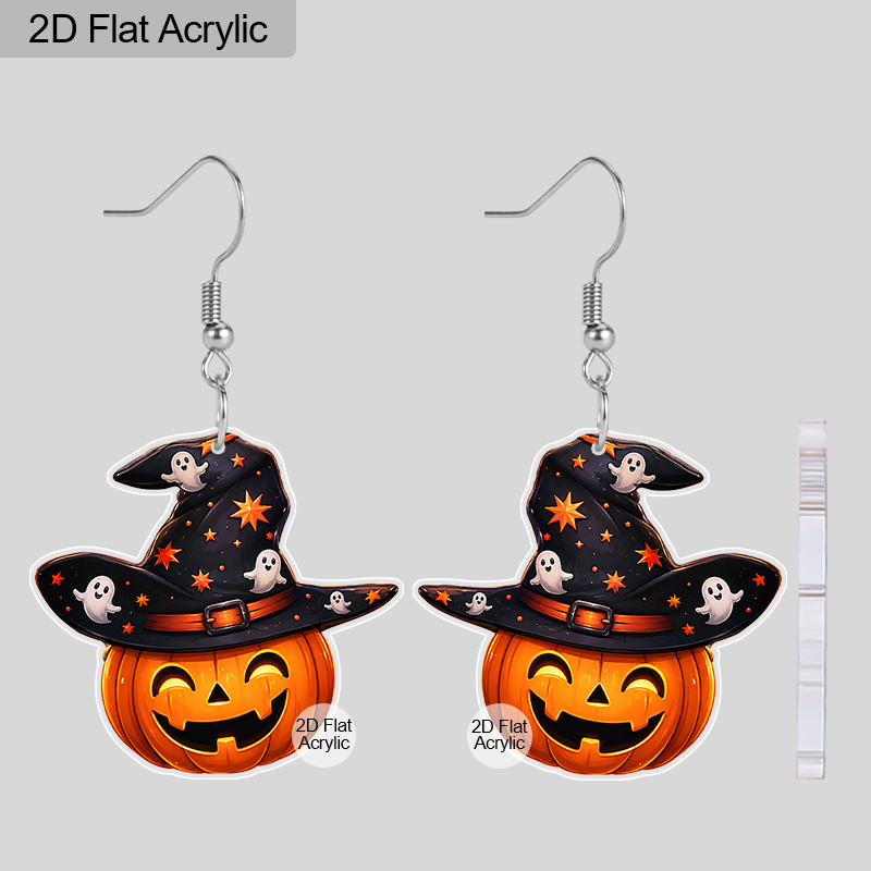 TEMU 2d Flat, Halloween Star Witch Hat Pumpkin Acrylic Earrings, Women's Fashionable Personalized Jewelry, Lightweight Jewelry, Family Halloween