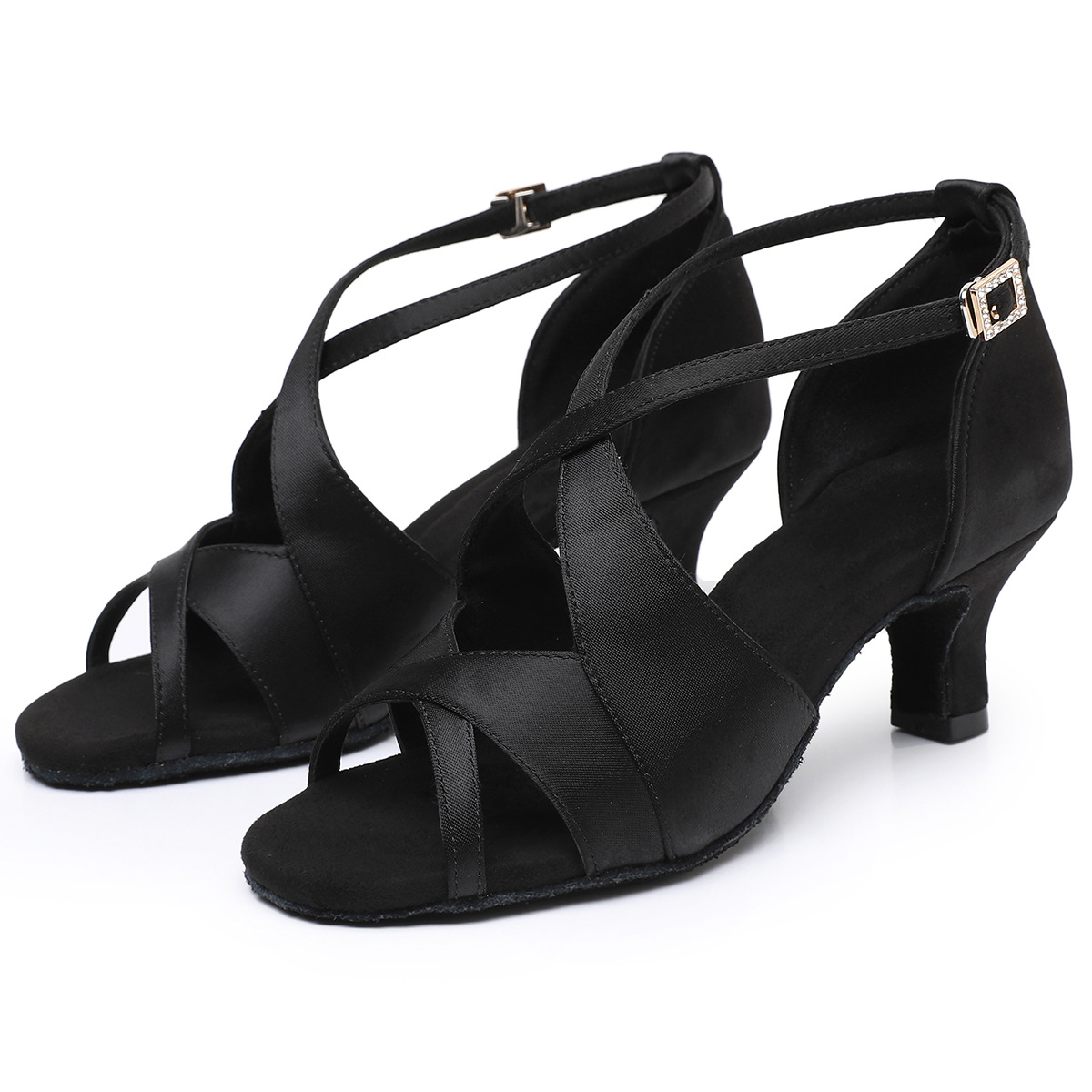 Image of Women's Latin Dance Shoes With Crisscross Hollow Front Straps, Silvery Rhinestone Metal Buckles, Adjustable Ankle Straps, And Full Soft Indoor-specific Soles