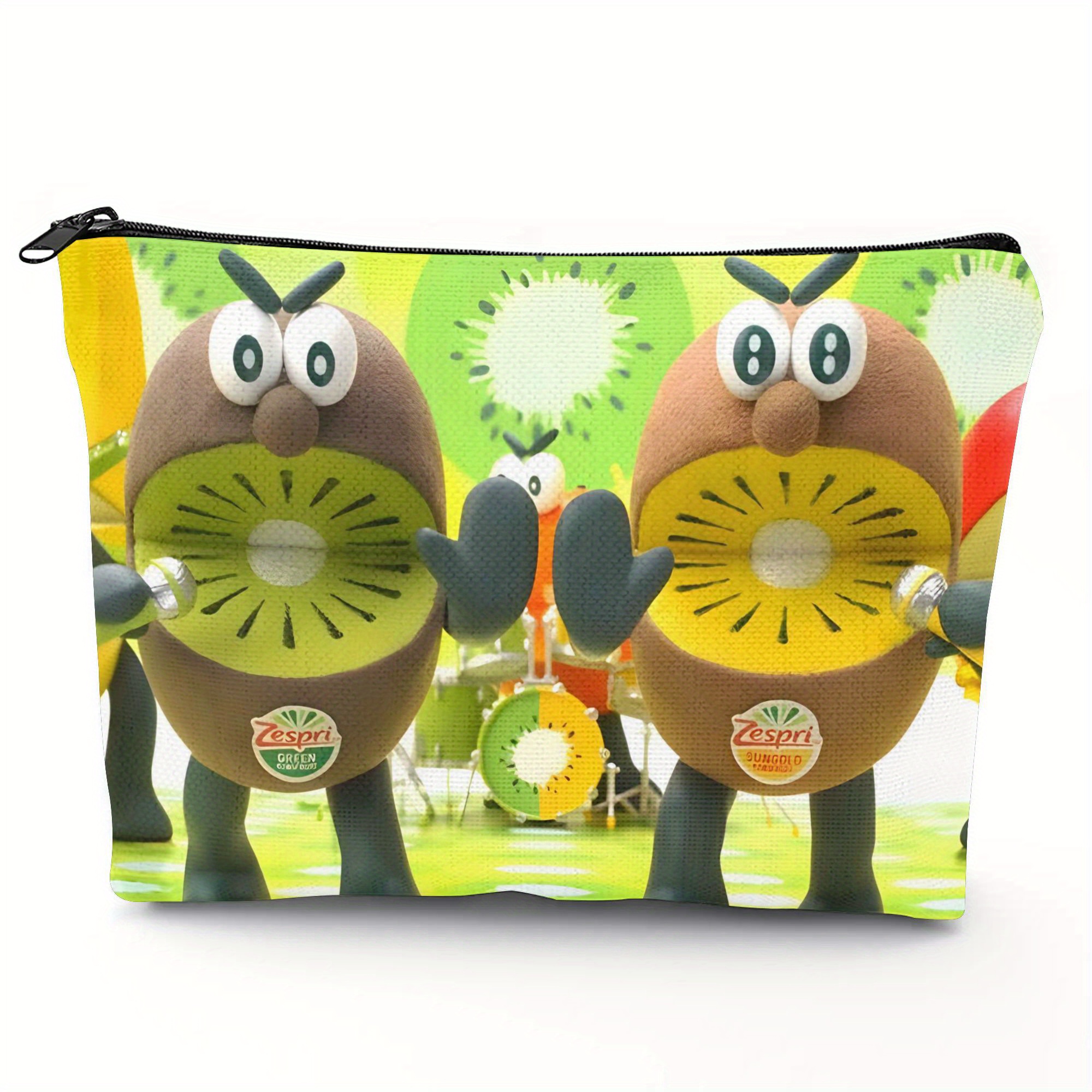 TEMU Zlienszus Cute Kiwi Brothers Makeup Organizer - Compact Beauty Case With Beige Background & Kiwi Characters, Durable Polyester Cosmetic Bag For
