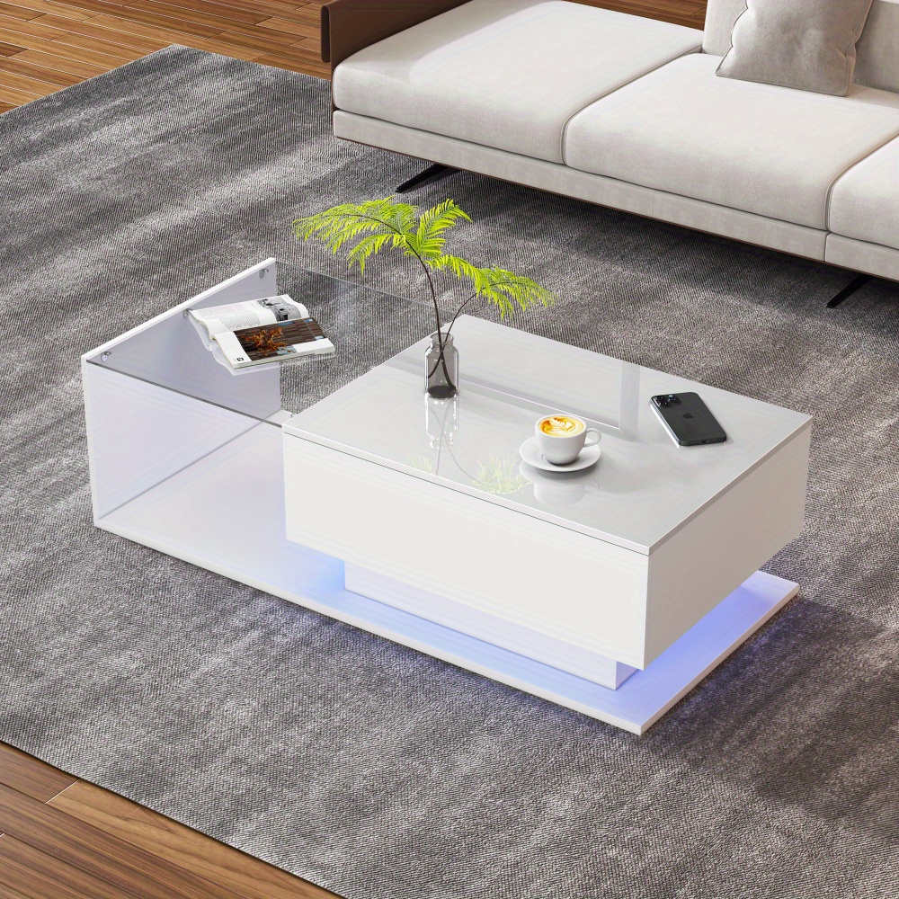 TEMU Modern High-gloss White Coffee Table With Glass Top & Lower Storage Drawer - Scratch-resistant, Easy-, Minimalist Contemporary Design With Black