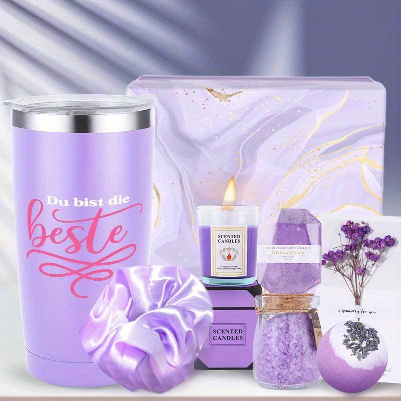 8-dijelni Ljubičasti Poklon Set za Kupanje za Žene - Morska Sol, Pješčana Sol, Spa Set, Rođendanski Poklon za Samoobavještavanje za Mamu, Suprugu ili Najbolju Prijateljicu, Savršen Poklon za Zahvalnost i Božić, Gumica za Kosu, Mirisna Svijeća, Kupaći Prašak, Bombice za Kupanje, Sapun, Poklon Kutija - Idealno za Sezonske Proslave