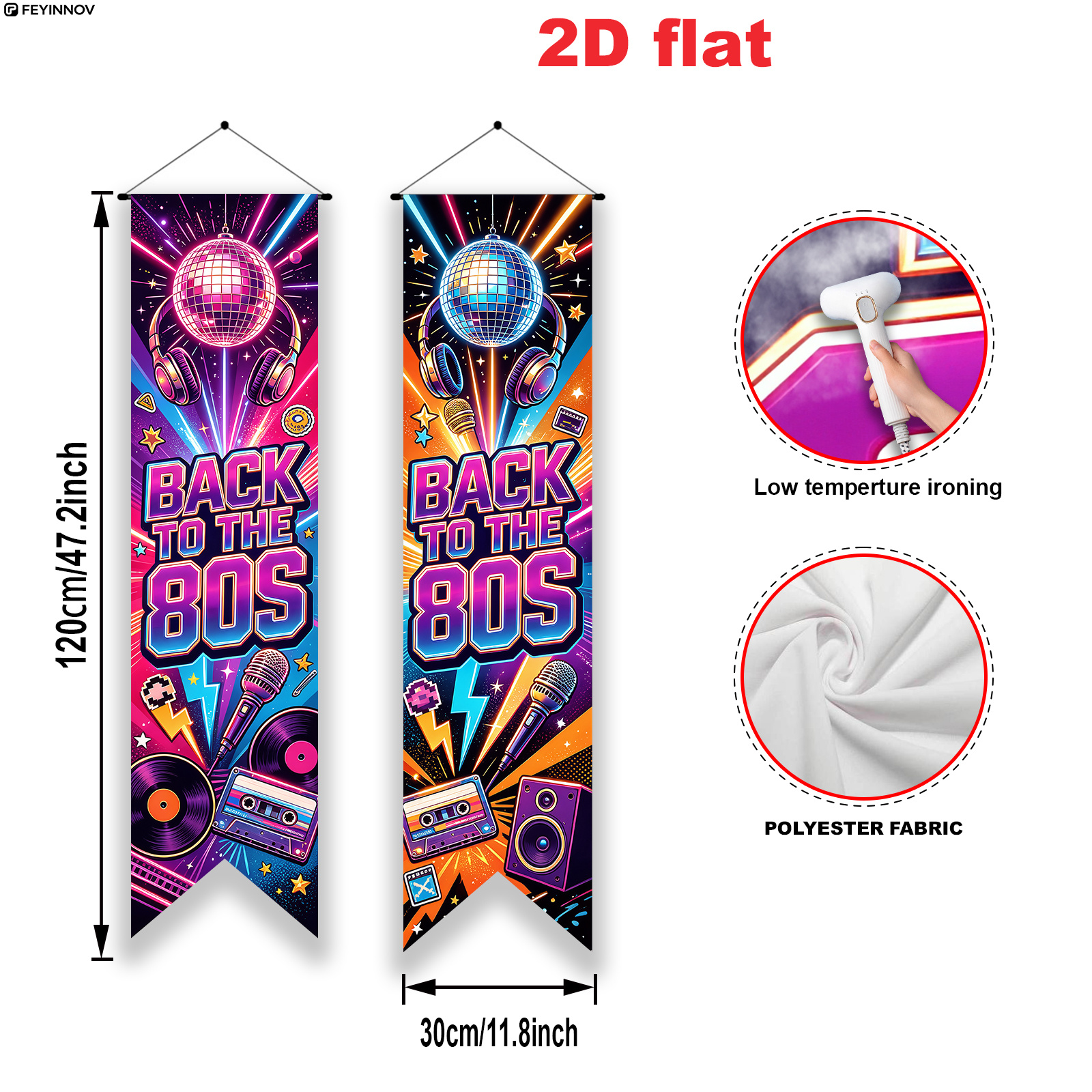 TEMU Plat 2D, 2pcs Bannière et Fanion Disco Vintage Années 80 FEYINNOV - Néon Adapté pour Fête, Décoration Murale Rétro Couplet Triangulaire pour