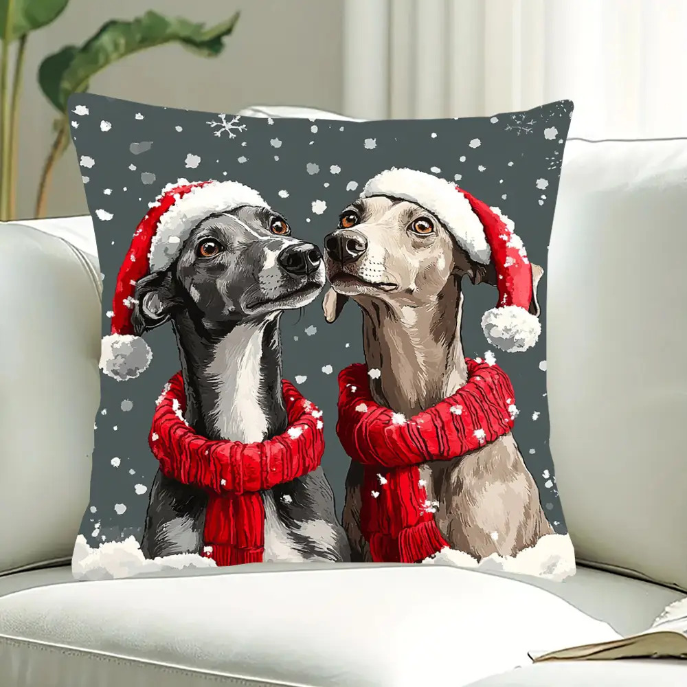 TEMU 1pc Christmas Pillow Cover Featuring A Greyhound And A Whippet, Made Of Soft And Smooth Polyester Short Plush Fabric, Single-sided Print,