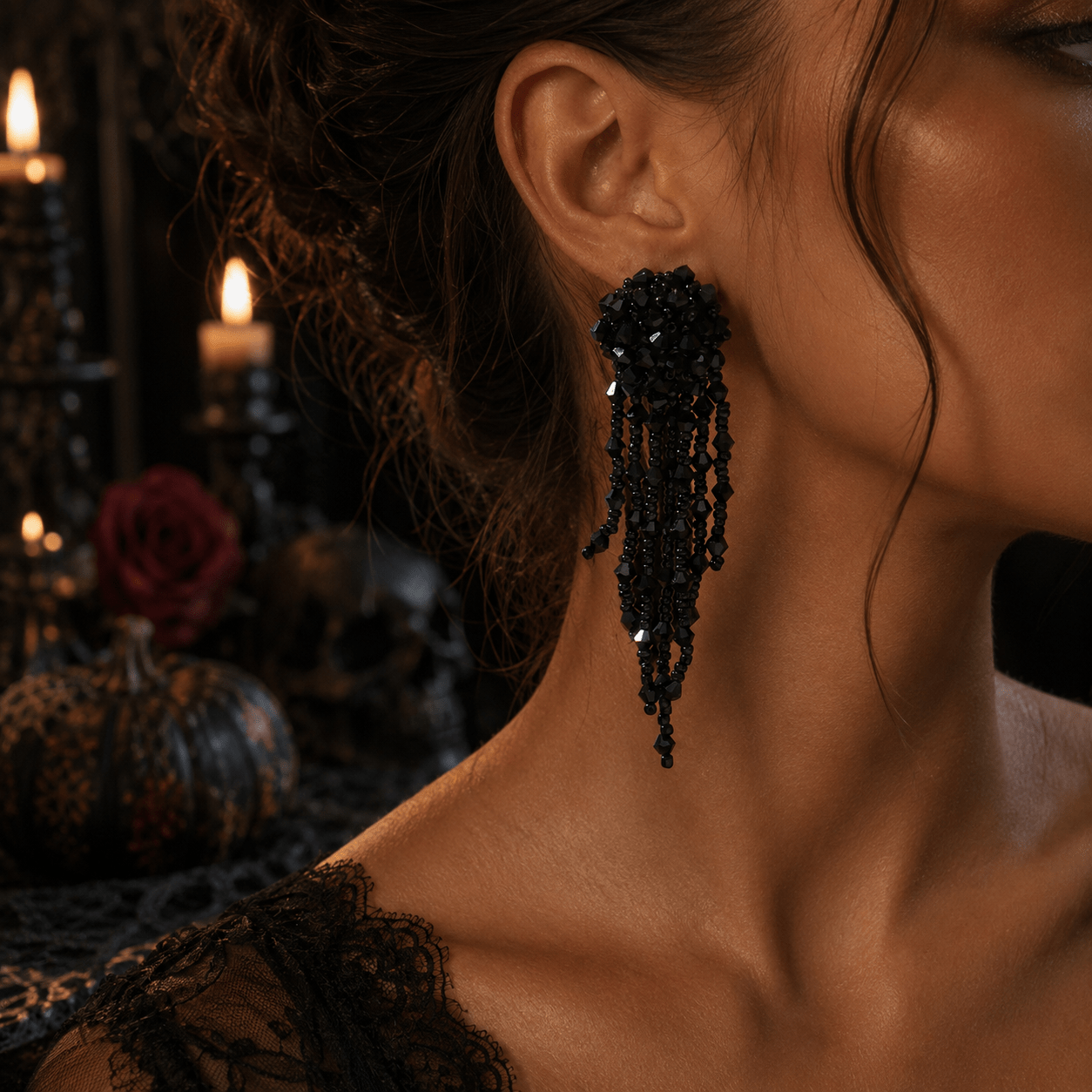 TEMU 1 Paire de Boucles d'Oreilles Pendantes Crochet Fleur Gland Cristal Artificiel Noir pour Femmes, Vêtement Décontracté de Fête, Cadeau de
