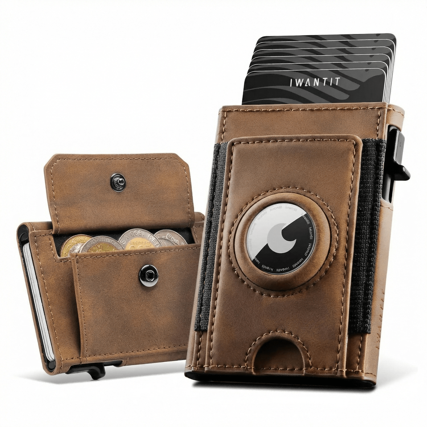 Image of Iwantit Airtag Wallet | Large Coin Compartment, Fits 6-7 Cards, Slim Men's Wallet With Rfid Protection, Pop-up Smart Wallet, Card Case With Air Tag Compartment, Brown, Minimalist