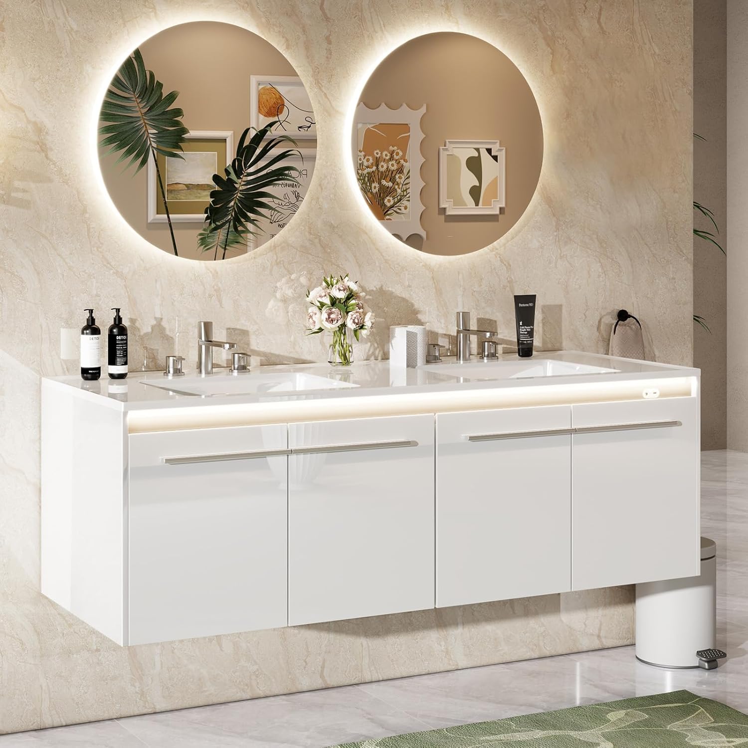 led floating bathroom double vanity with sink combo modern high gloss wall mounted bathroom storage cabinet with 3 hole sink metal handles soft closing doors Product details 5