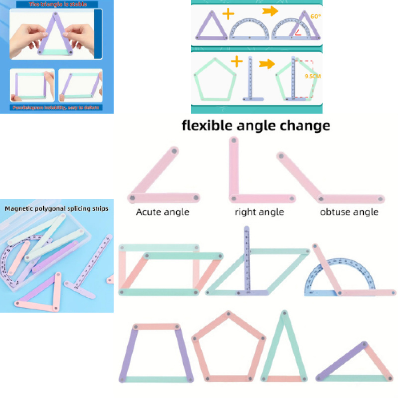 TEMU 17 Flexible Learning Magnetic Geometry Kits - Interlocking With Flexible And Triangular Strips, Equipped With Protractors, Made Of Durable