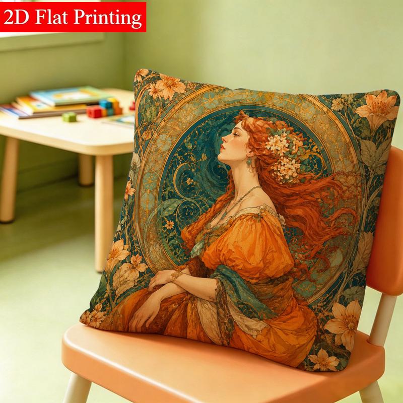 TEMU Style Decorative Pillow Cover, 45x45 Double-sided Printed, Featuring A Woman With Red Hair And , For Cozy Artistic Room, Suitable For