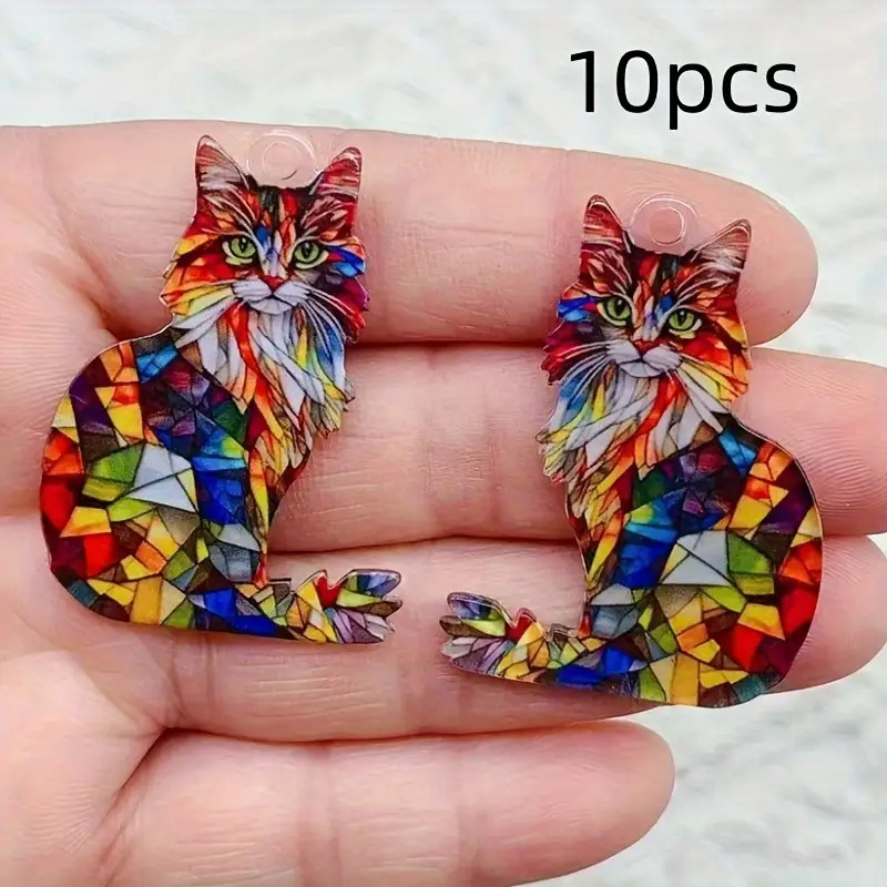 TEMU 10pcs Set Of Colorful Acrylic Cat Charms, Suitable For Necklaces, Earrings, Keychains, Etc.- Bohemian Style, No Inlay Needed