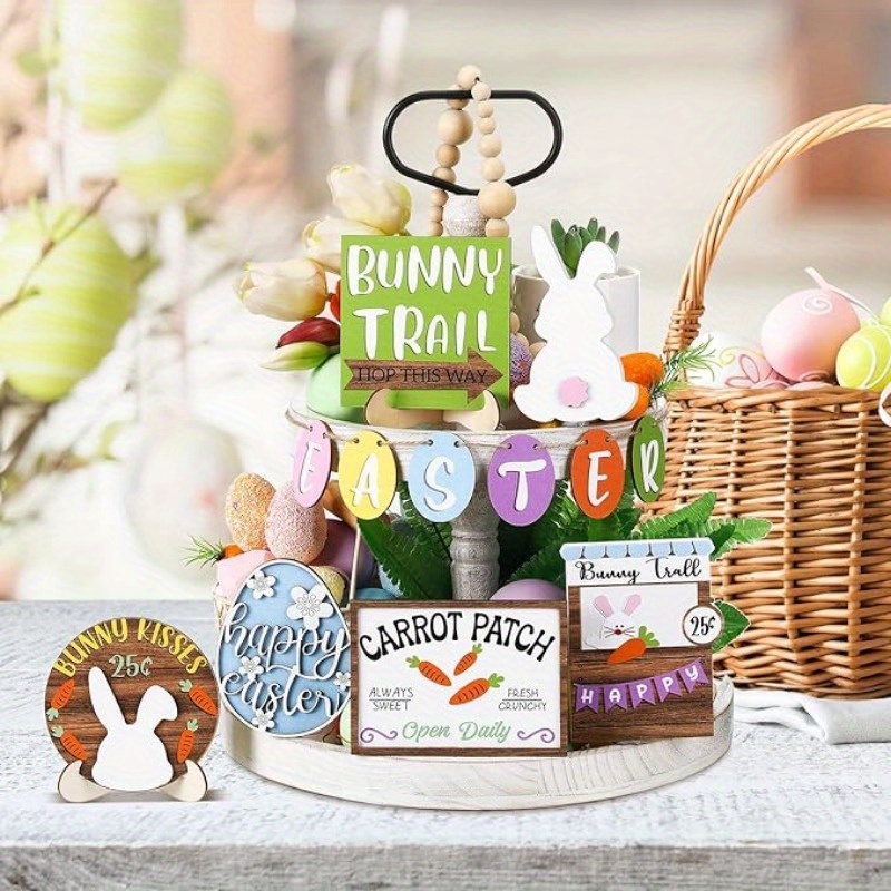 

13pcs Wooden Easter Decor Set, Bunny Trail & Signs, Tiered Tray Decorations, Floor Mount, No Power Needed, For Home & Farmhouse Kitchen