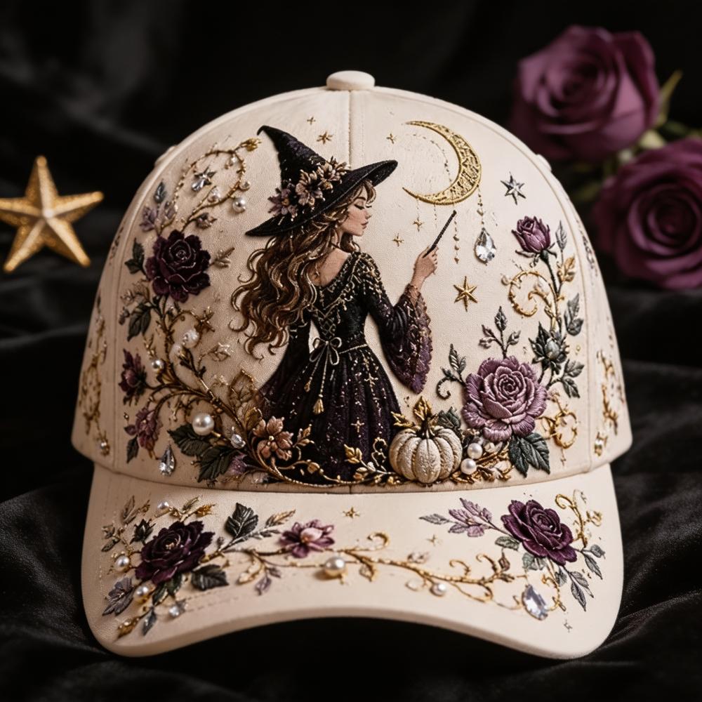 TEMU Unisex Gothic Witch & Pumpkin Embroidery Baseball With Adjustable Dad Hat - Cream Suitable For Men, Women, Teens, Soft For Halloween, Christmas,