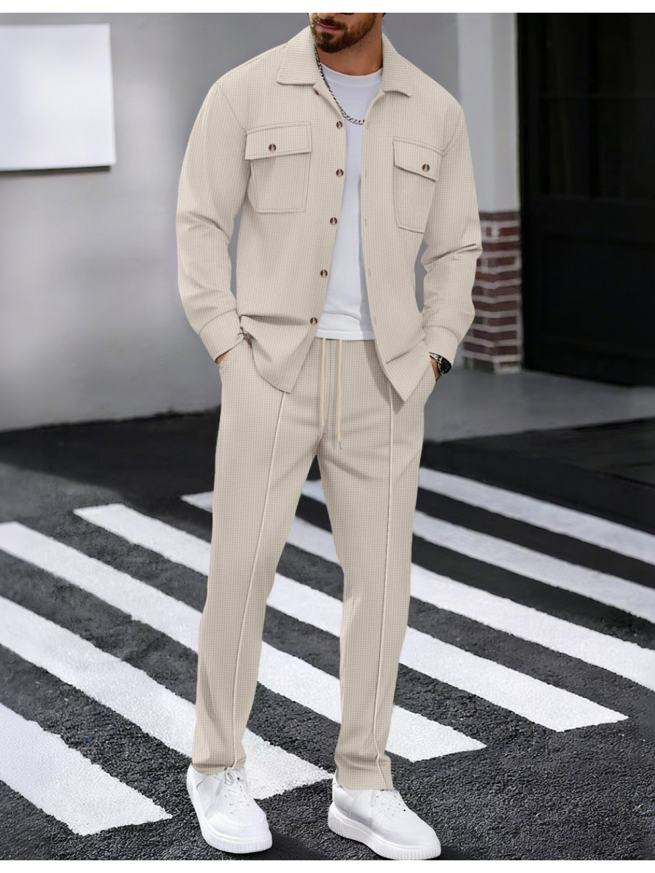 autumn new waffle long sleeved pants two piece set solid color double pocket button up cardigan shirt set