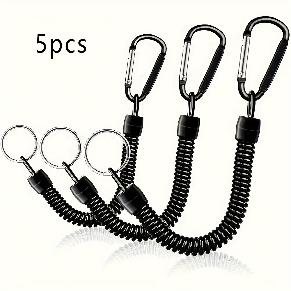 TEMU 5pcs Black Elastic Spiral Key Chain Set With Rings - Retractable Outdoor Loops, 15 Lbs Tensile Strength, Built-in Wire, Ideal For Camping And