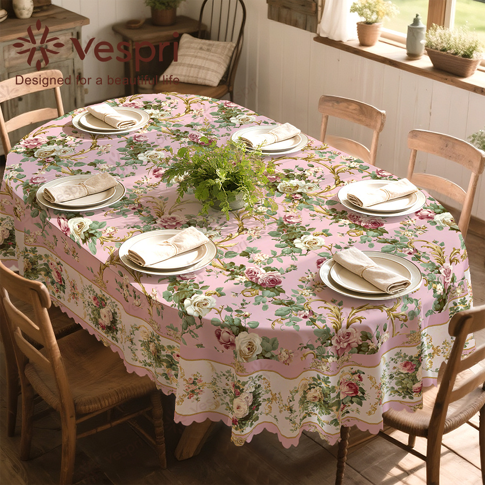 TEMU Floral Tablecloth Suitable For Round/rectangle/oval Table - Pink White With Green Foliage & Botanical Print, Machine-made Fabric Suitable For