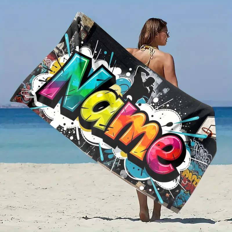 TEMU 1 stuks Gepersonaliseerde Naam Graffiti Thema Strandlaken, Geschikt voor Kamperen, Reizen, Strand Accessoire Handdoek, Super Absorberend, Extra