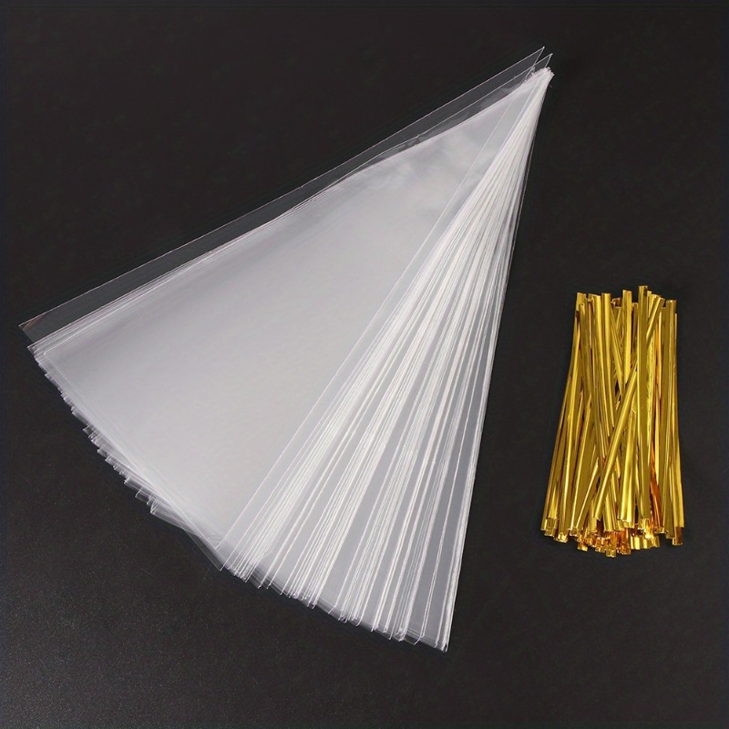 50pcs clear plastic candy bags for weddings birthdays parties triangular treat bags with golden tipped sealing ribbons durable popcorn gift packaging for events party favor bags   sturdy construction