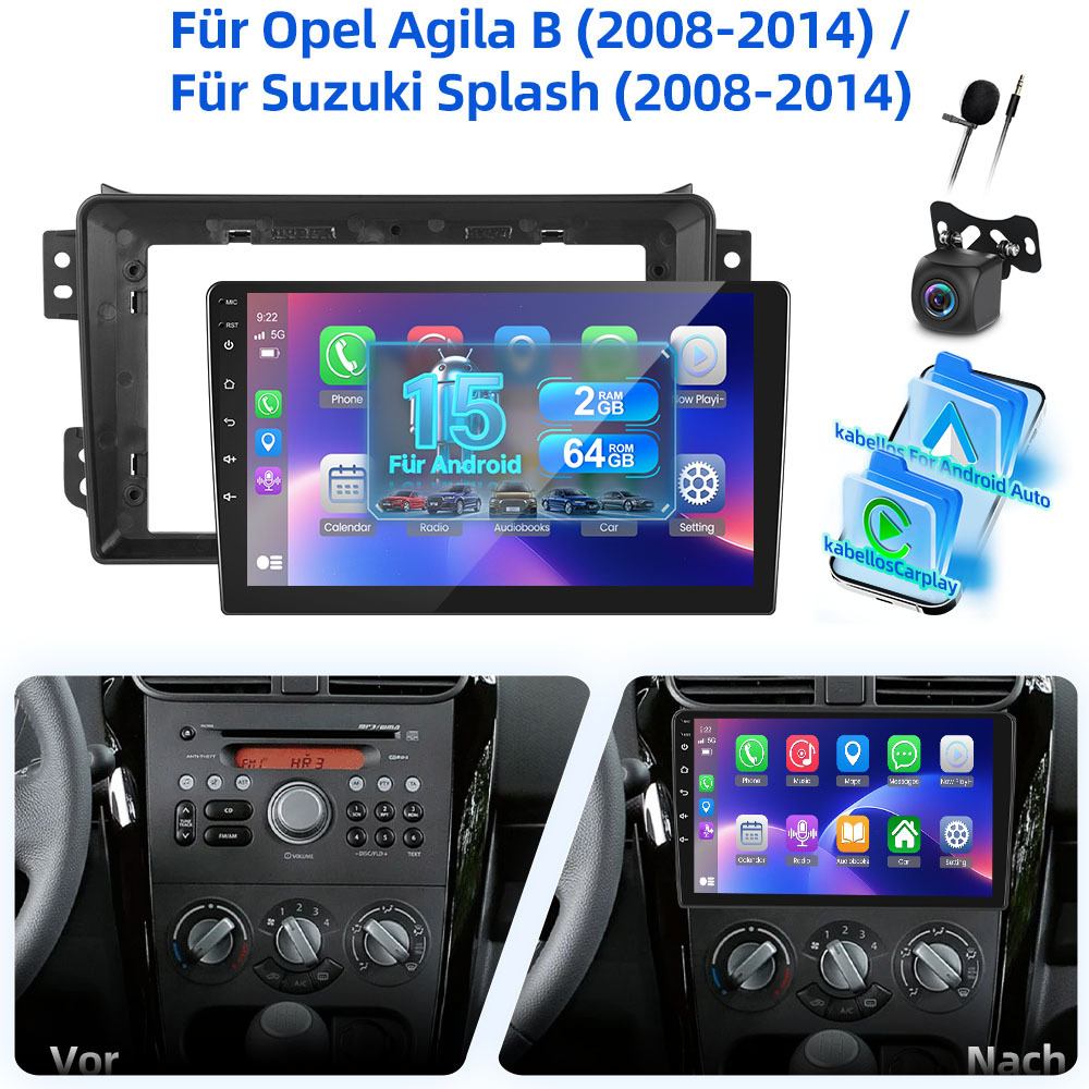 15 Car Radio 2gb+64gb Carplay Autoradio Radio For B (2008-2014)/ For Splash(2008-2014) Car Stereo With Auto, 9 Inch .5d Touch Screen Radio With Gps, Wifi, Eq, Bt, Swc, Fm Rds