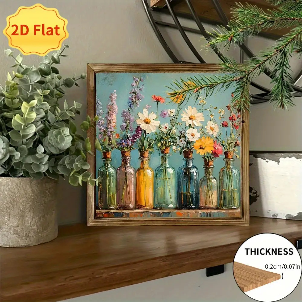 2D Flat, A 2D Flat-printed Wooden 1pc Rustic Wooden Floral Art Sign - Wall Hanging Decoration Featuring Vibrant Spring Flowers and Green Leaves, No Electricity Required, Ideal for Outdoor Decor, Rustic Themes, and New Year Gifts, Outdoor Wall Decor |