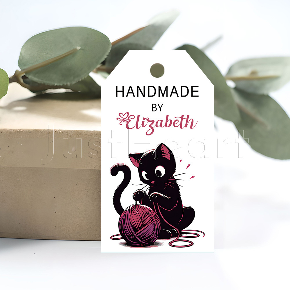 E-shop Personalisierte 48/96 Stück "Handgemachte Katze mit Garn" Geschenkanhänger mit Hanfseil, anpassbarer Textinhalt, mit einer Katze mit Garn in