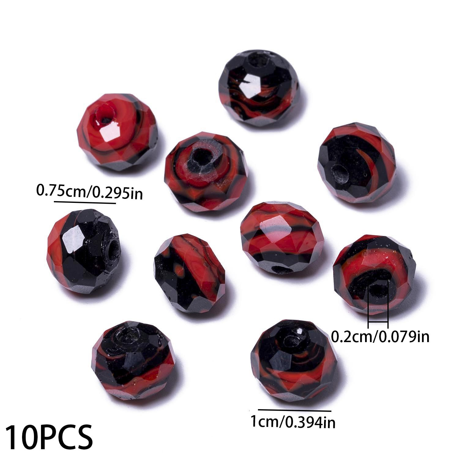TEMU 2D Plat - 10pcs Perles de Verre Facettées Noires et Rouges, Perles d'Espacement Rondes Plates Uniques pour la Fabrication de Bijoux Bracelets