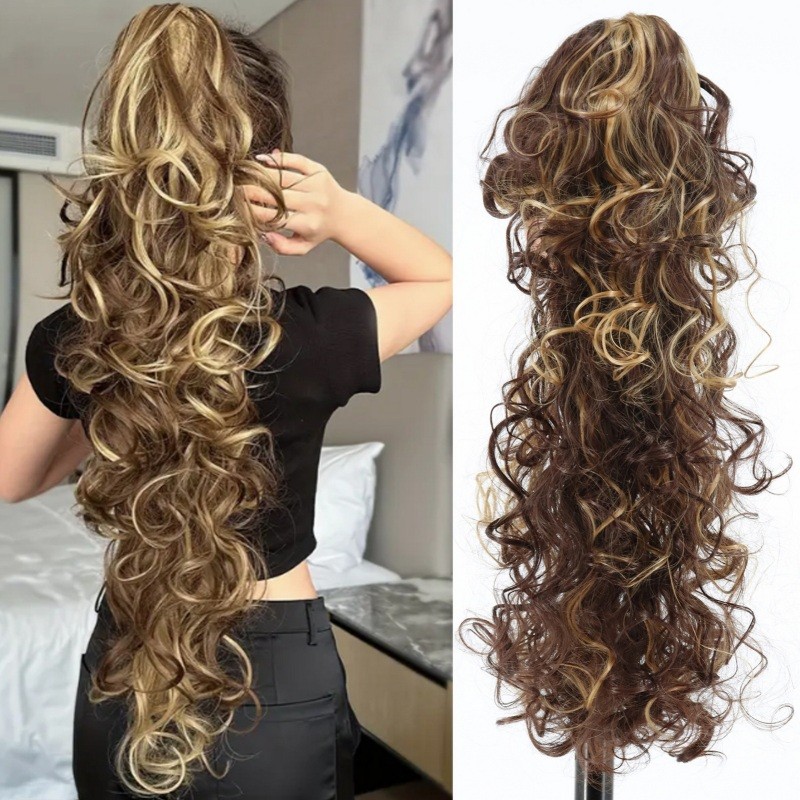 TEMU 22inch Curly Hair Clip Ponytail Wig, Blonde High Ponytail Long Curly Hair Wig, Natural Fluffy Thick Hair Style, Suitable For Party Styling