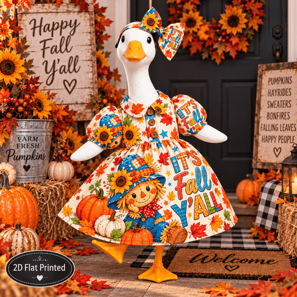 TEMU 2pcs Headband Bow Dress Outfit For 23 Inch Porch Goose Statue, 2d Flat Printed Fall Sunflower Pumpkin Maple Leaf Pattern Goose Costume, Dress