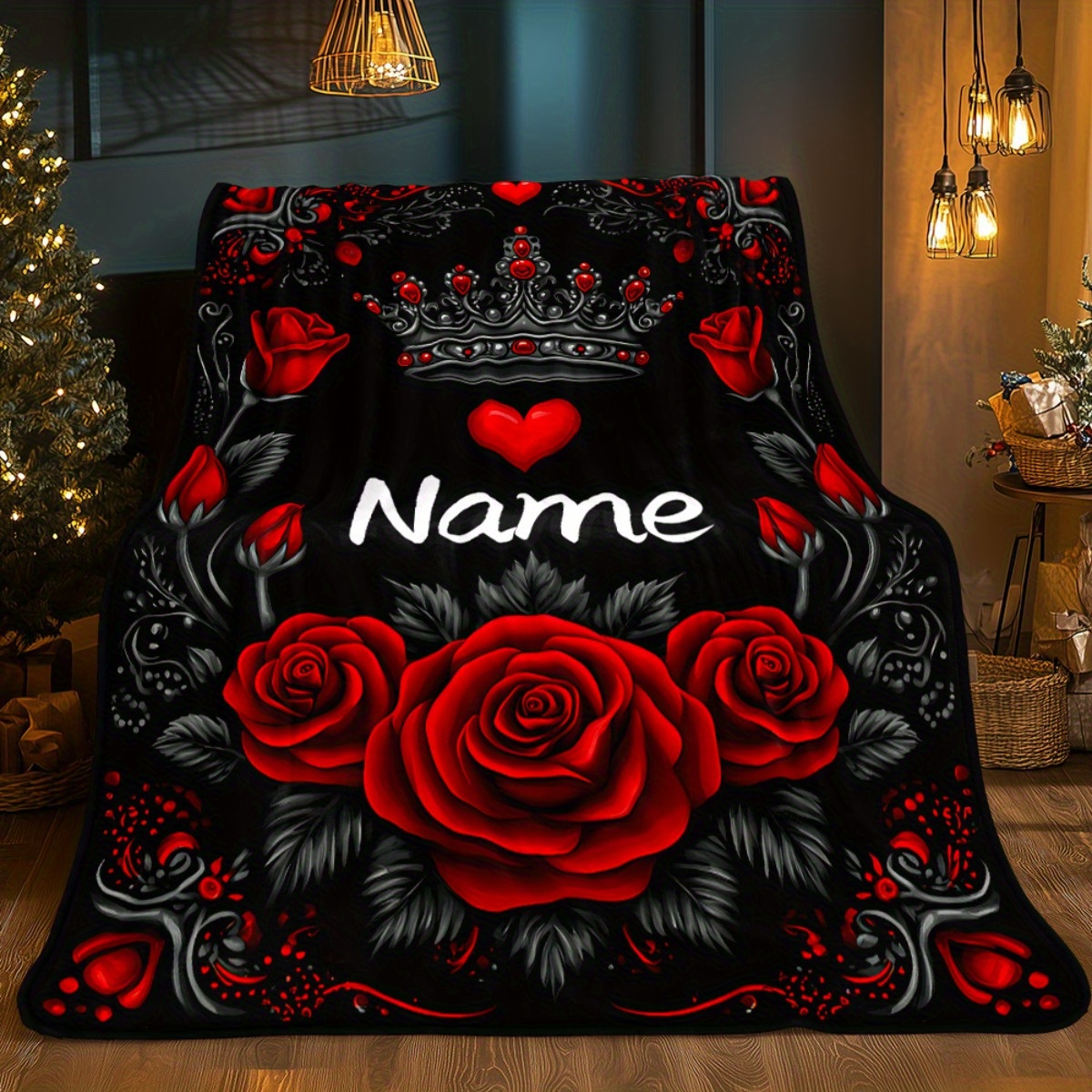 TEMU Custom 1pc Customize Name/text, Roses With Crown Printed Blanket, Used For Sofa, Bedroom, Living Room, Bed, Couch, Chair, Office, Camping Soft