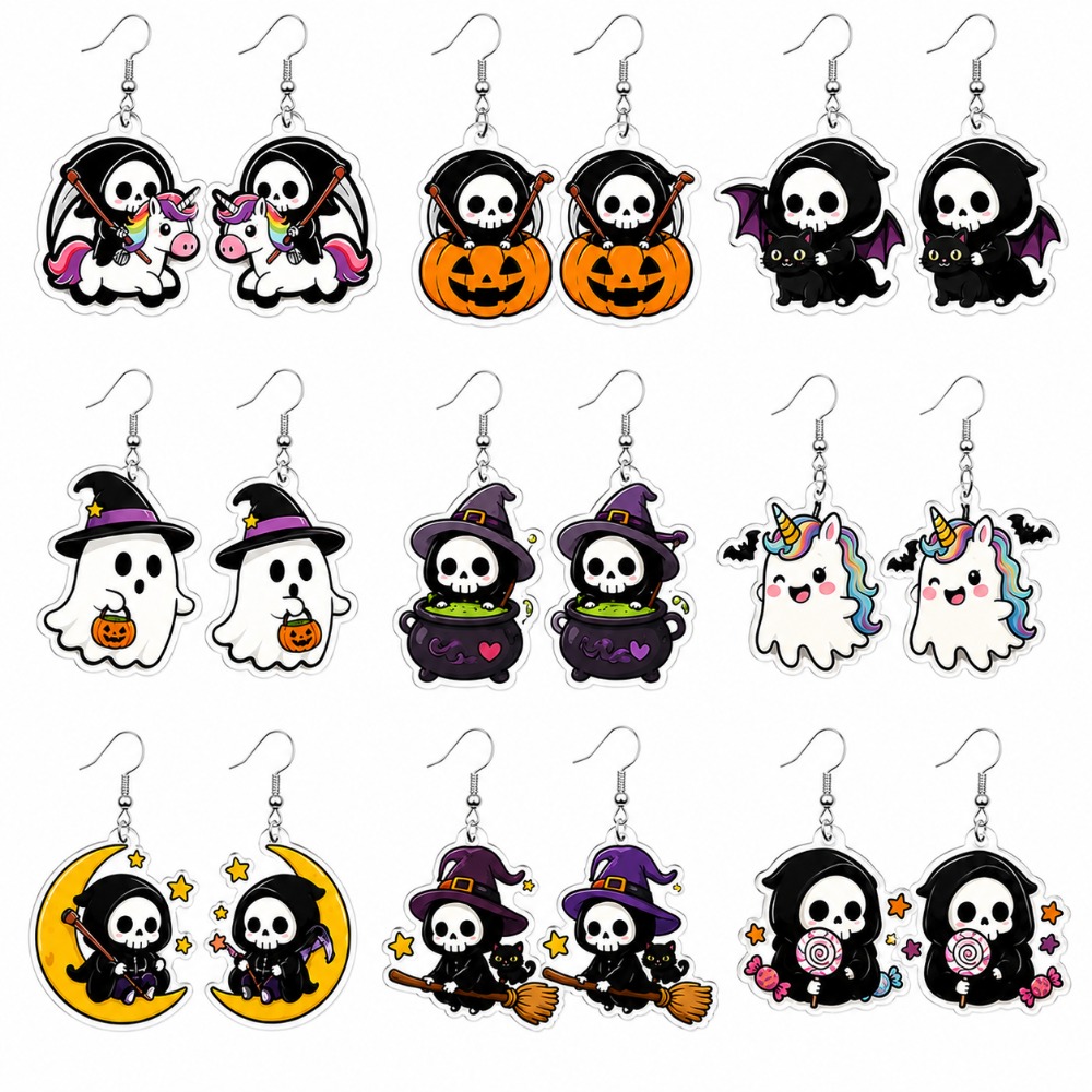 TEMU 18pcs/9 Pairs Of Cute, Lightweight, And Acrylic Earrings For Women, Featuring Whimsical Cartoon Designs. Perfect As A Party Enhancer For Spooky