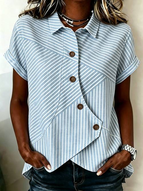womens lapel button shirts with striped prints elegant short sleeve blouse shirt for daily life