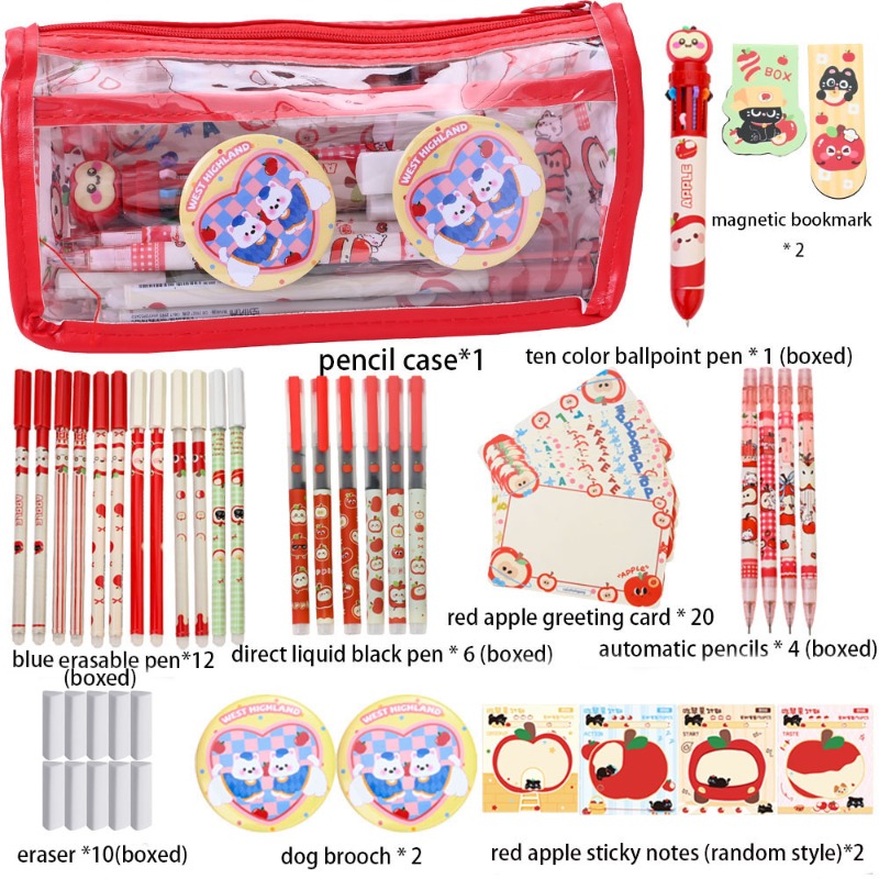 55/60/88pcs Red Stationery Set - Includes Pencil Case, Ballpoint Pen, Mechanical Pencil, Eraser, Brooch, Sticky Notes (random Style), Greeting Cards, And Bookmarks, School Supplies