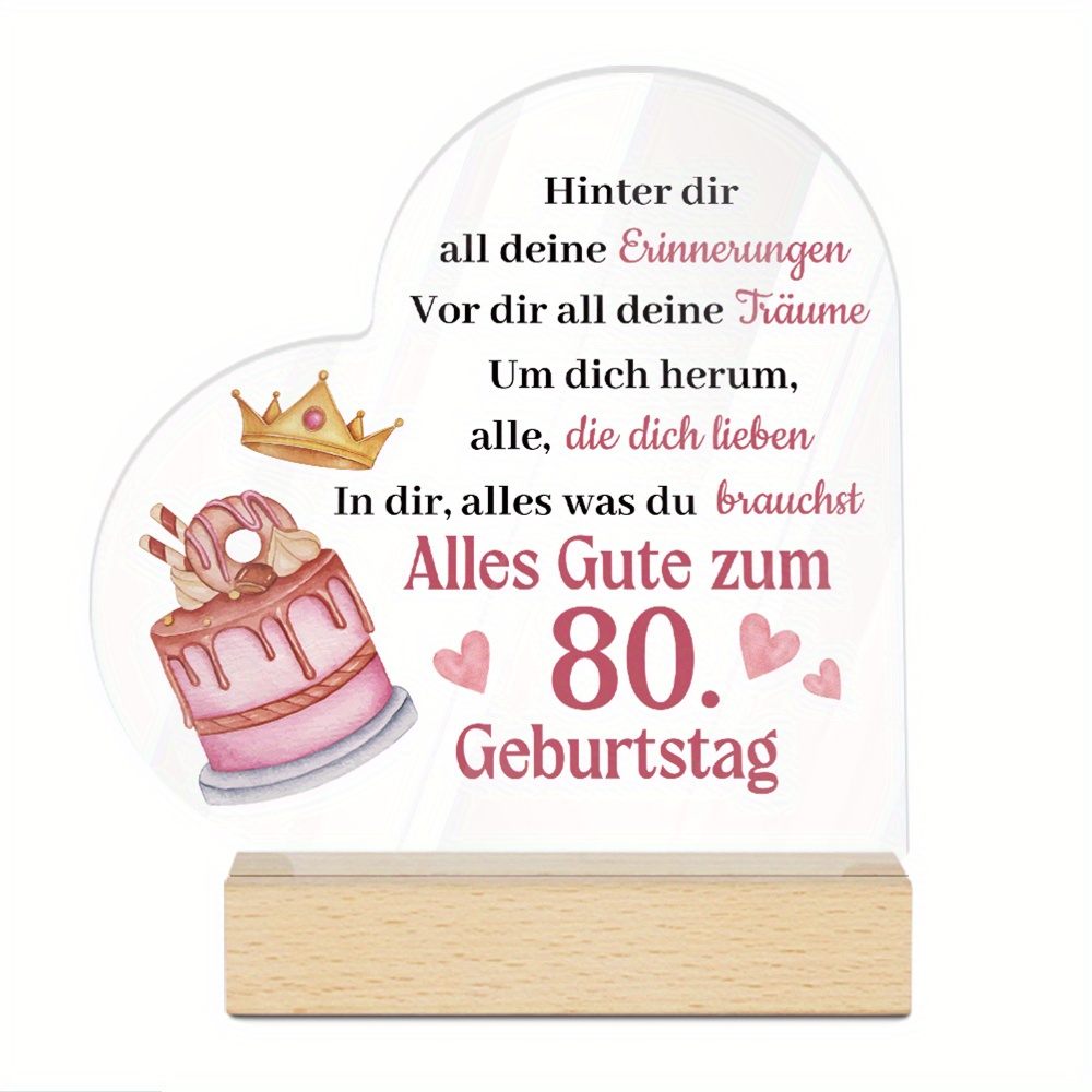 Image of 2d Flat, 1pc Putuo Decor Heart-shaped Acrylic 80th Birthday Sign With Wooden Base - " All " German Quote, Festive Cake & - Ideal For Home Farmhouse Party Decor & Gift