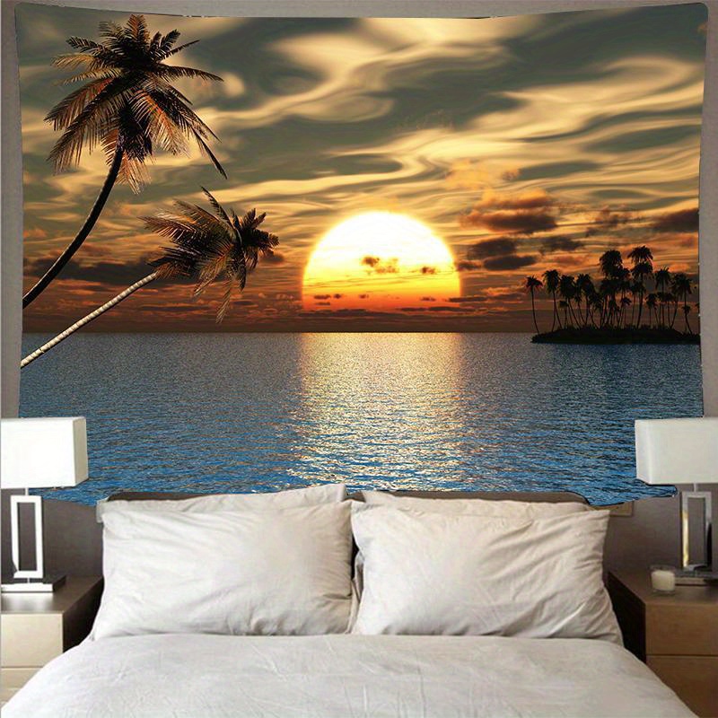 TEMU 1pc Seaside Sunset Tapestry, Polyester Velvet Wall Hanging, Graphic Backdrop For Bedroom, Living Room, Outdoor - Fashion Themed, No Electricity