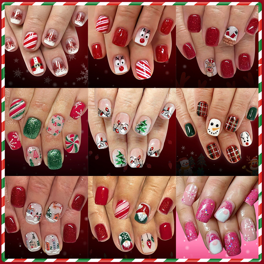 TEMU 216pcs Christmas Press On Nails Square - Candy Cane Santa Reindeer Designs, Glossy False Nails With Christmas Tree Gnome & Snowflake Patterns,