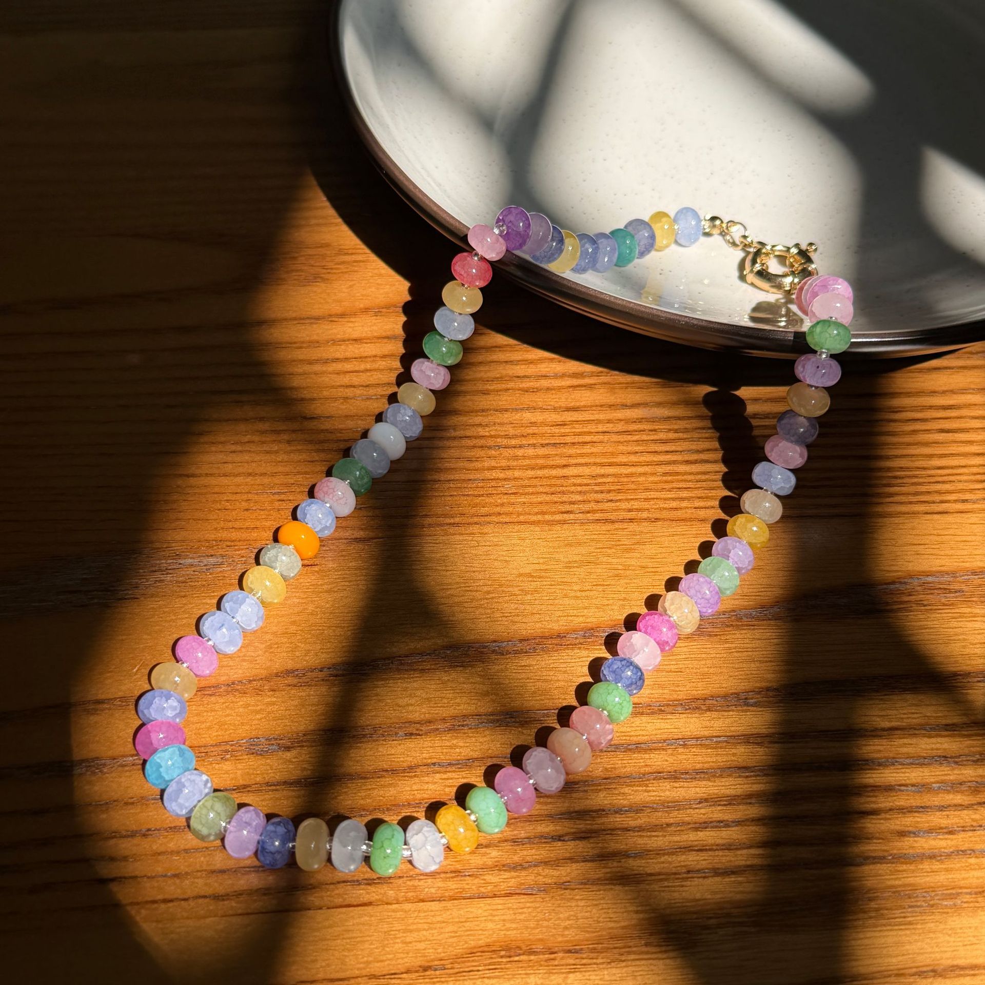 TEMU 1pc Beach Ice Crack Natural Stone Beaded Chain Necklace, Colorful Dopamine Accessory, Suitable For Daily Holiday Party Accessories, A Gift For