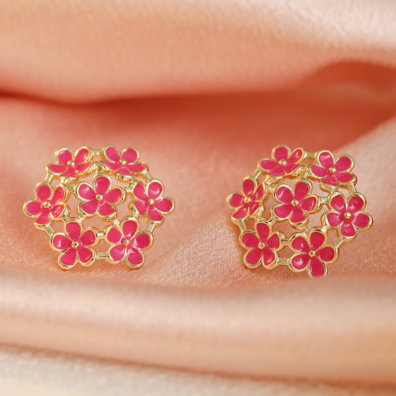 Women's Hand-Painted Enamel Floral Stud Earrings, Retro Design
