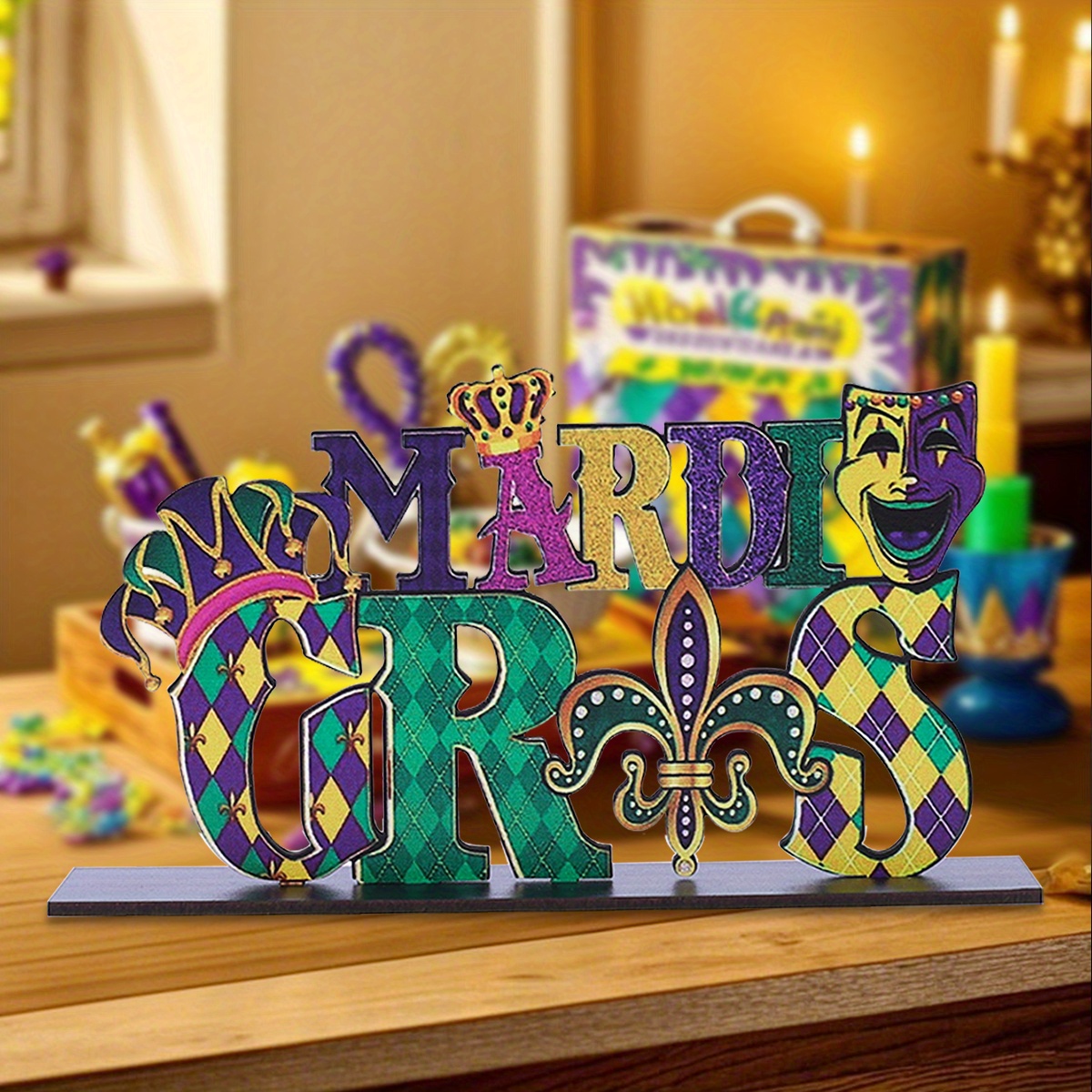 

1pc Mardi Gras Wooden Tabletop Ornament - Mask & , Bead Accents, Ideal For Indoor/ Celebrations, Decor